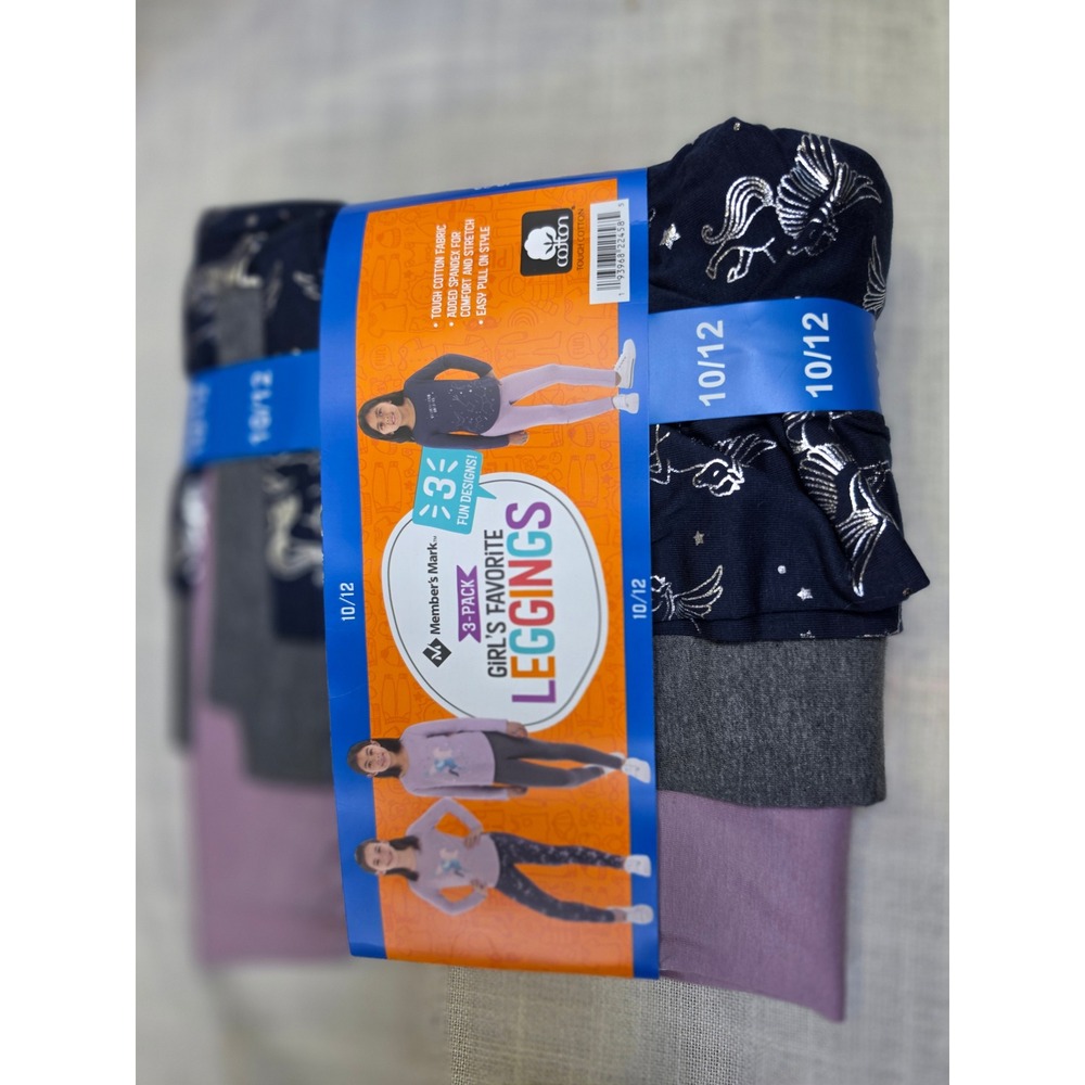 Members Mark Girls Favorite Leggings 3-Pack Size 10/12 Unicorn Navy Grey Purple